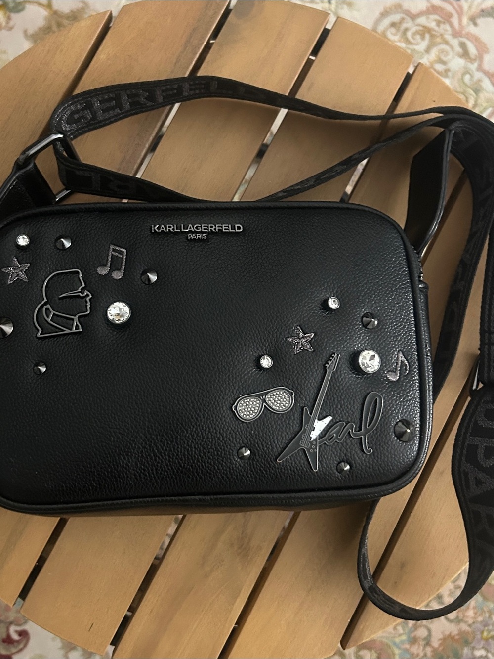 Karl Lagerfeld Black Leather Patch Crossbody with Silver Accents